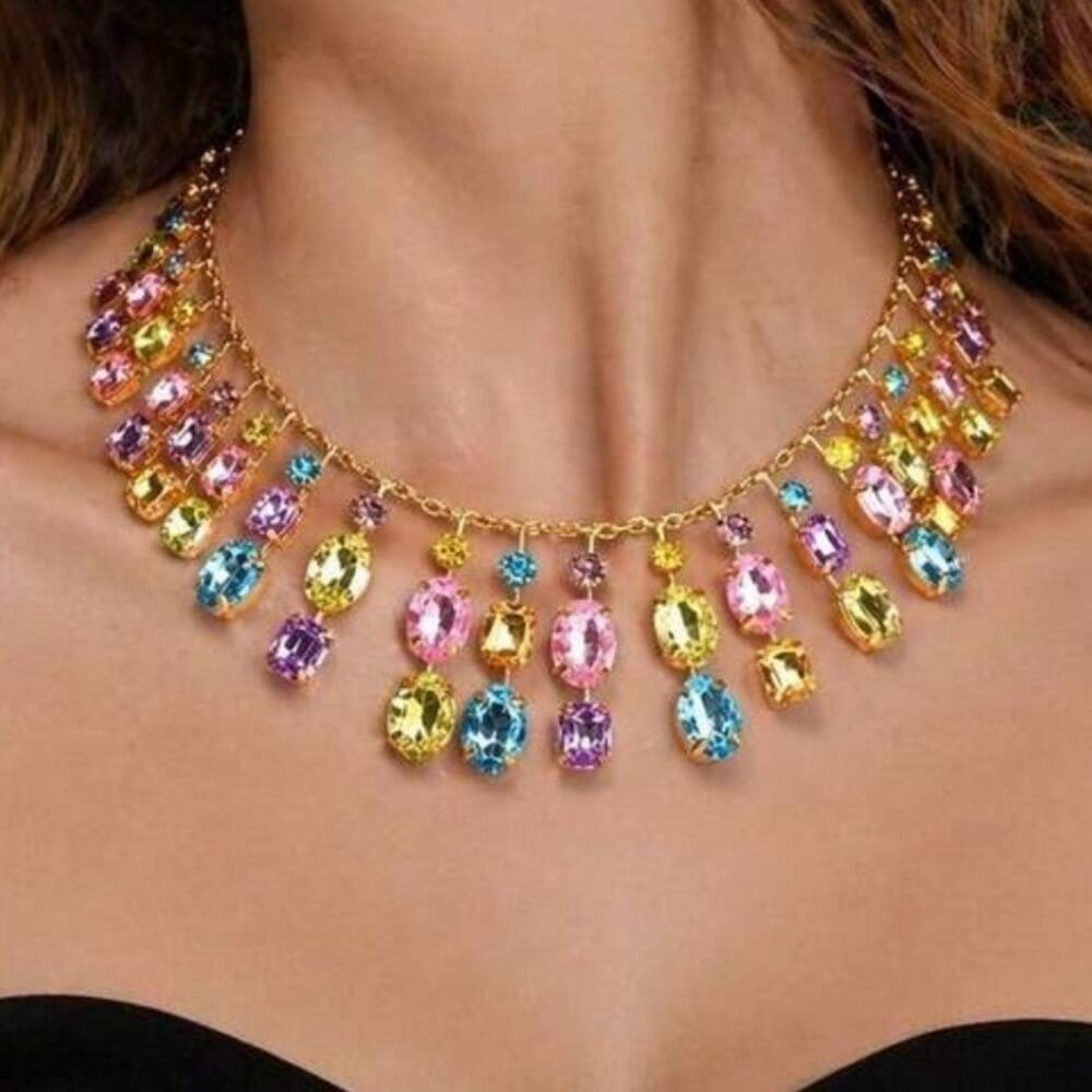 Gold Multicolor Crystal Statement Fringe Bib Necklace Colorful Glam